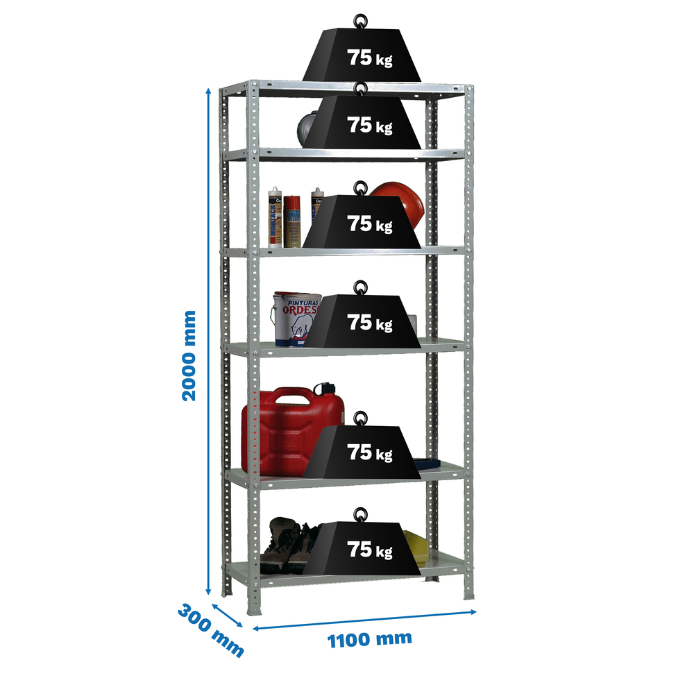 Rayonnage métallique léger à vis 2000x1100x300 - 6 niveaux Galvanisé - SIMON RACK - 8425437129957