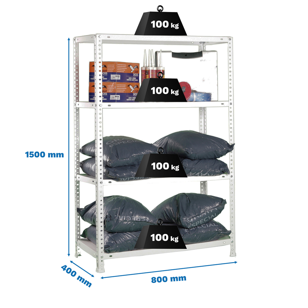 Rayonnage métallique léger à vis 1500x800x400 - 4 niveaux Blanc - SIMON RACK - 8425437130021