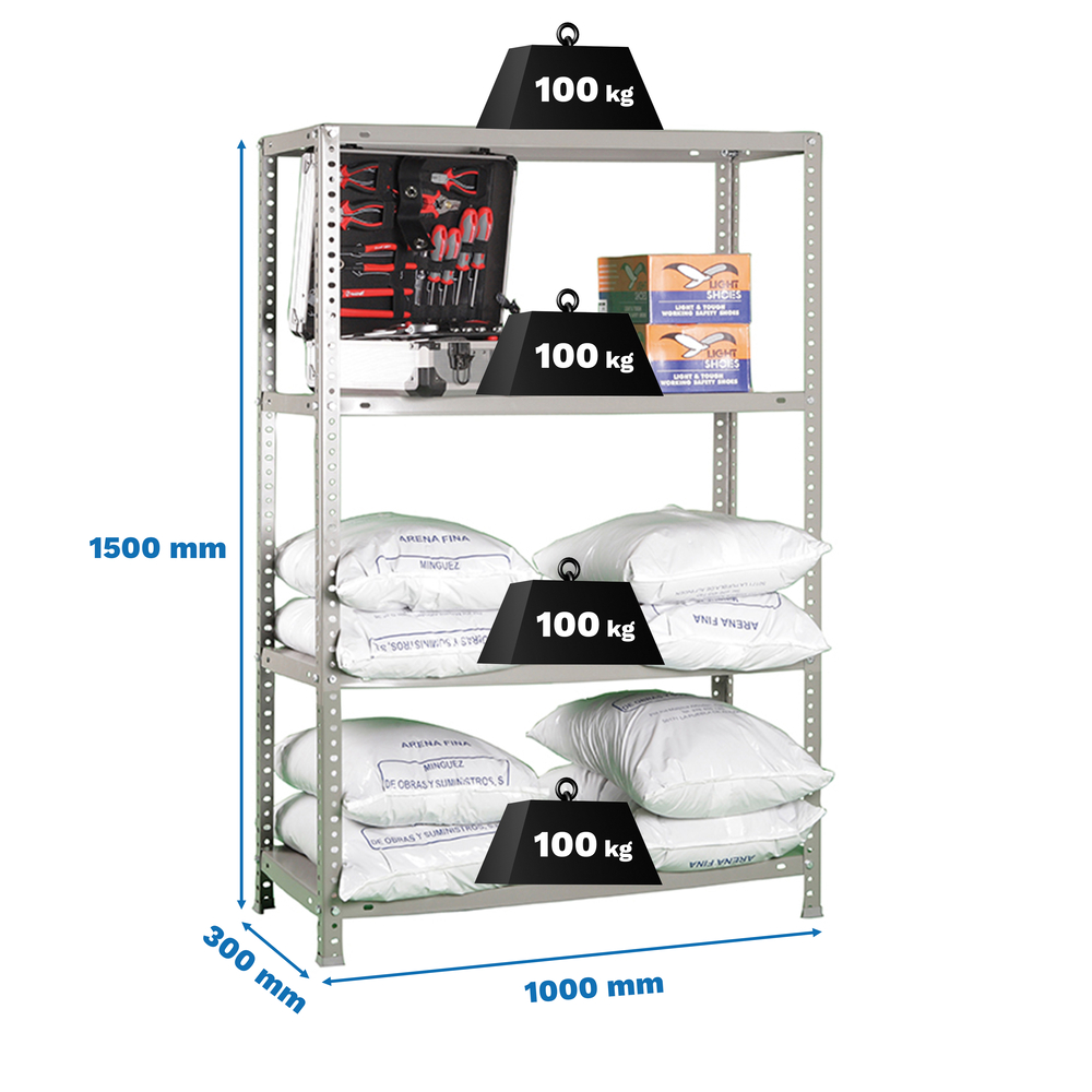 Rayonnage métallique léger à vis 1500x1000x300 - 4 niveaux Gris - SIMON RACK - 8425437130182