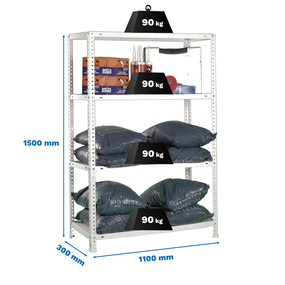 Rayonnage métallique léger à vis 1500x1100x300 - 4 niveaux Blanc - SIMON RACK - 8425437130267