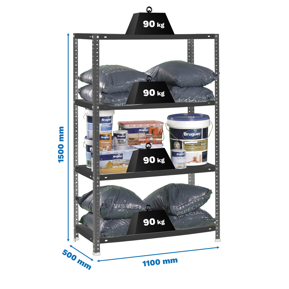 Rayonnage métallique léger à vis 1500x1100x500 - 4 niveaux Anthracite - SIMON RACK - 8425437130588