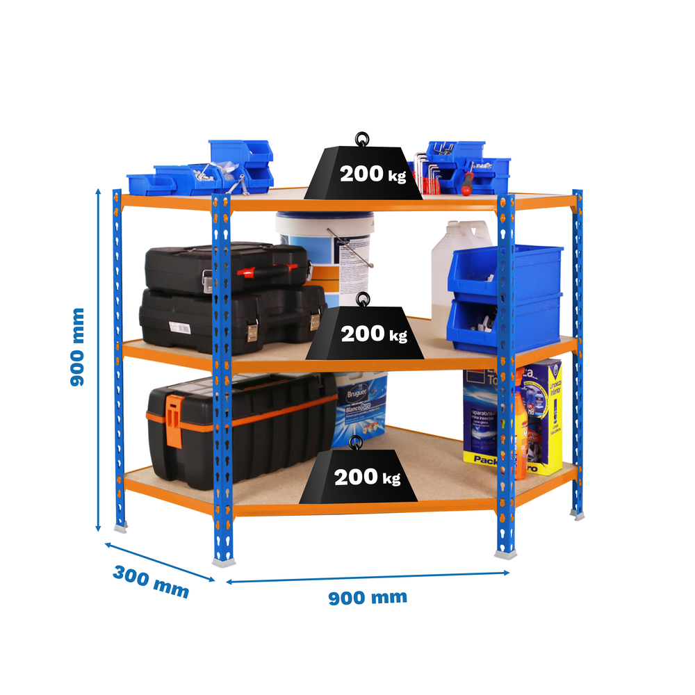 Étagère en kit charge légère sans vis 900x900x300 - 3 niveaux Bleu/Orange/Bois - SIMON RACK - 8425437135095