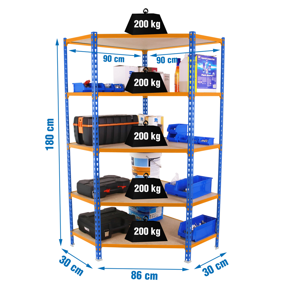 Étagère en kit charge légère sans vis 1800x900x300 - 5 niveaux Bleu/Orange/Bois - SIMON RACK - 8425437135187