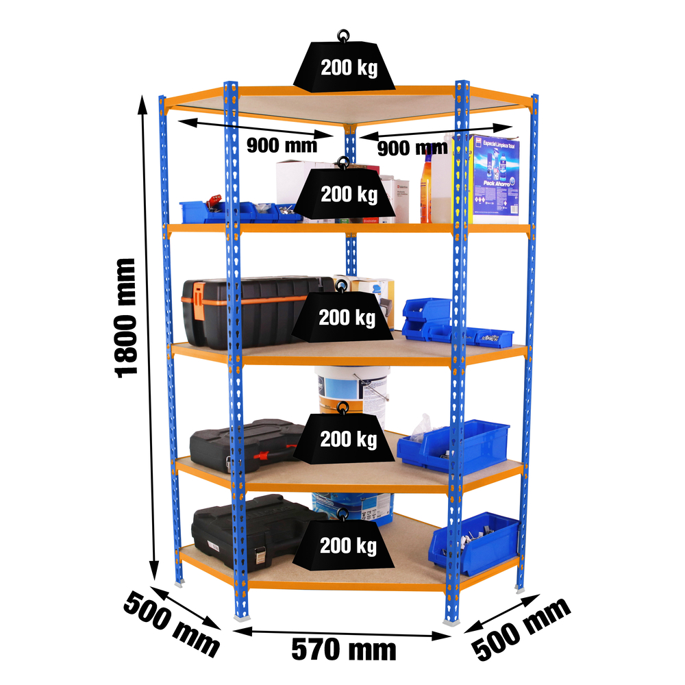 Étagère en kit charge légère sans vis 1800x900x500 - 5 niveaux Bleu/Orange/Bois - SIMON RACK - 8425437135248