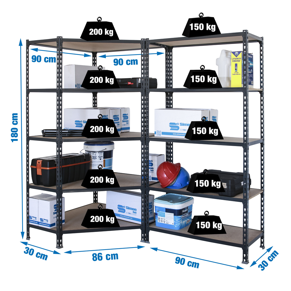 Rayonnage métallique léger sans vis 1800x1800x300 - 5 niveaux Bois/Anthracite - SIMON RACK - 8425437135286