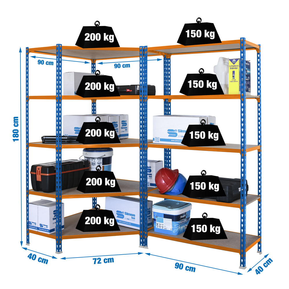 Rayonnage métallique léger sans vis 1800x1800x400 - 5 niveaux Bois/Bleu - SIMON RACK - 8425437135309