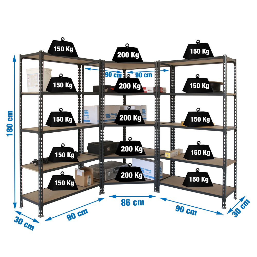 Rayonnage métallique léger sans vis 1800x1800x300 - 5 niveaux Bois/Anthracite - SIMON RACK - 8425437135378