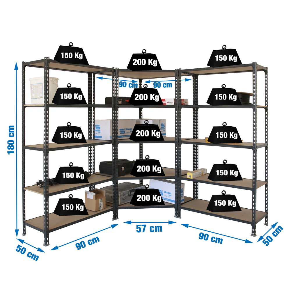 Rayonnage métallique léger sans vis 1800x1800x500 - 5 niveaux Bois/Anthracite - SIMON RACK - 8425437135439