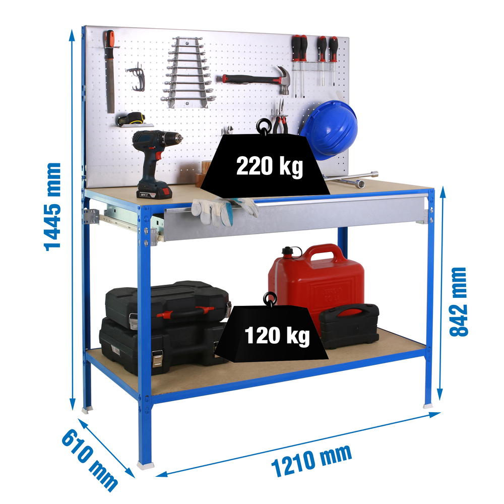 Kit établi Basic - 1445x1210x610 - 2 niveaux Bleu/Galvanisé/Bois - SIMON RACK - 8425437135545