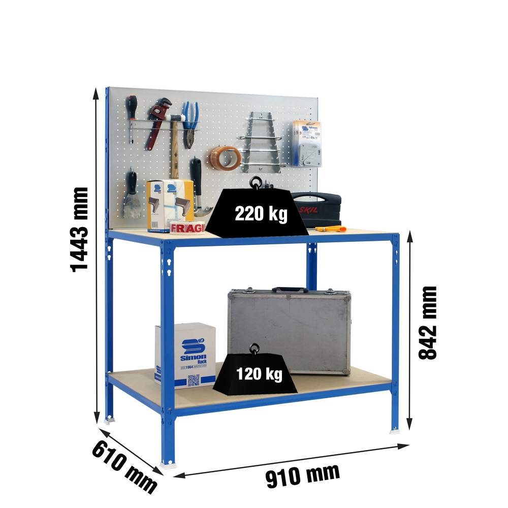 Kit établi Basic - 1445x910x610 - 2 niveaux Bleu/Galvanisé/Bois - SIMON RACK - 8425437135576