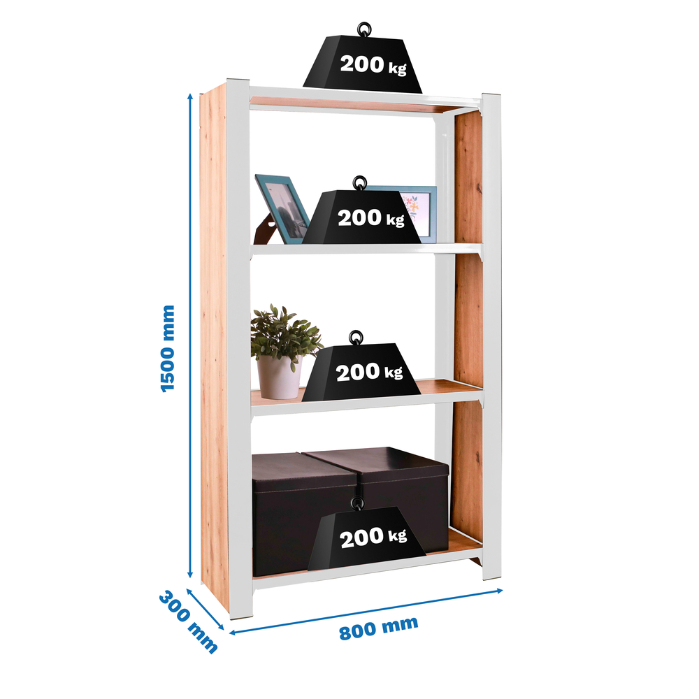 Rayonnage de bureau charge légère sans vis 1500x800x300 - 4 niveaux Blanc - SIMON RACK - 8425437137099
