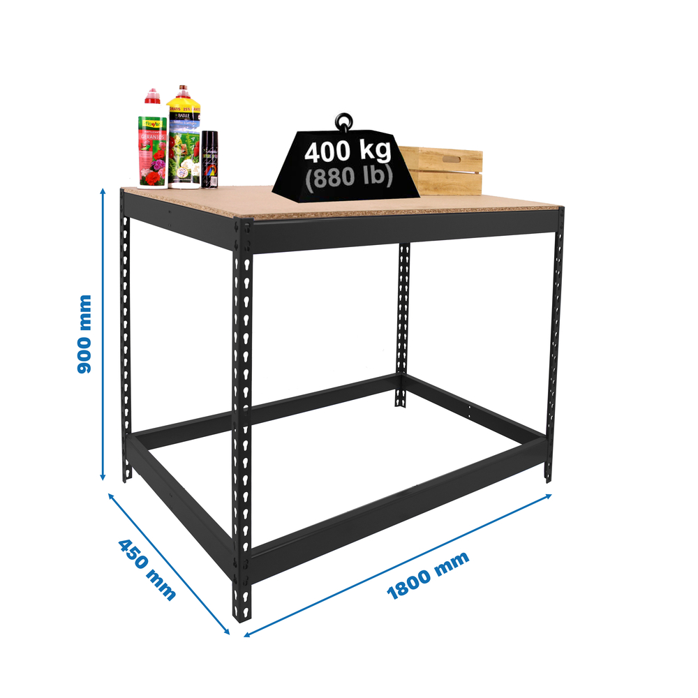 Kit établi Basic - 900x1800x450 - 1 niveau Anthracite/Bois - SIMON RACK - 8425437137488