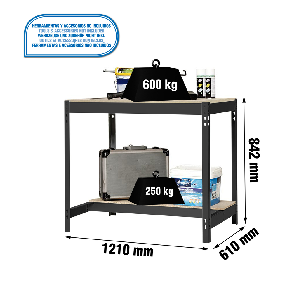 Kit établi Bricolage - 842x1210x610 - 2 niveaux Anthracite/Bois - SIMON RACK - 8425437137969