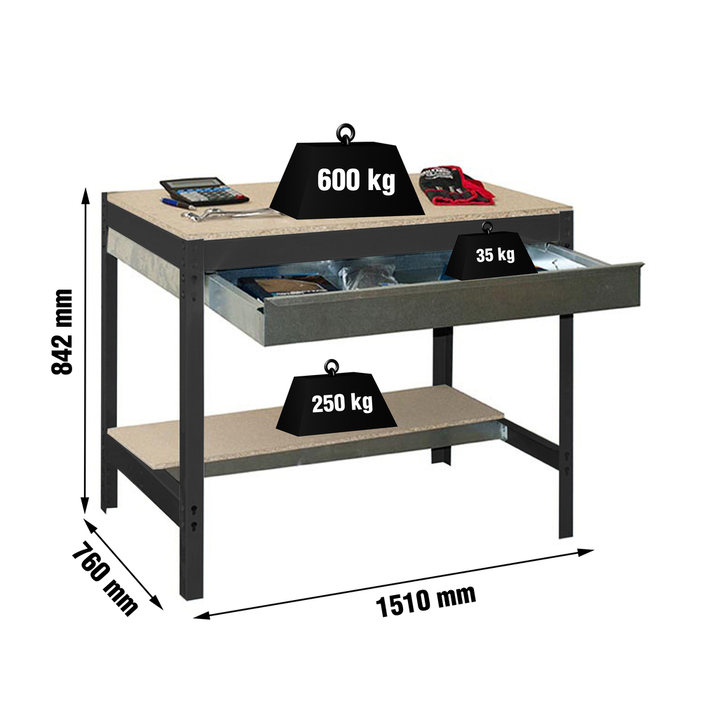 Kit établi Bricolage - 842x1510x760 - 2 niveaux Anthracite/Bois - SIMON RACK - 8425437138041
