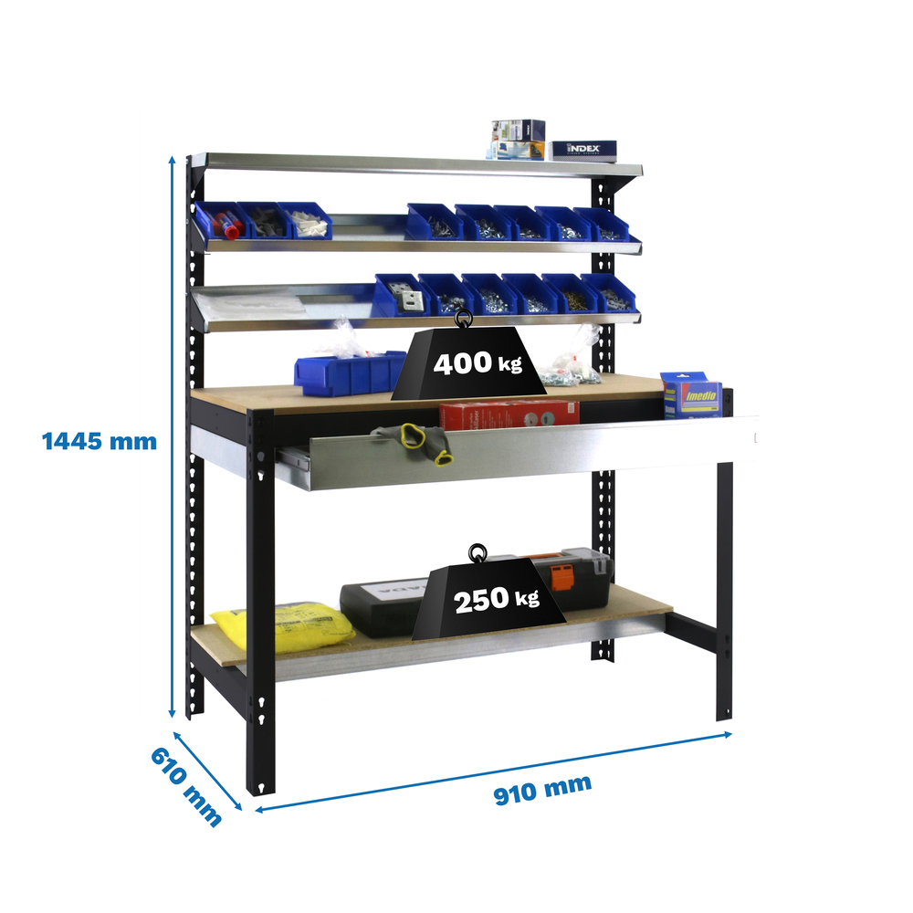 Kit établi Bricolage - 1445x910x610 - 5 niveaux Anthracite/Bois - SIMON RACK - 8425437138102