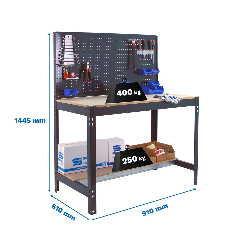 Kit établi Bricolage - 1445x910x610 - 2 niveaux Anthracite/Bois - SIMON RACK - 8425437138157