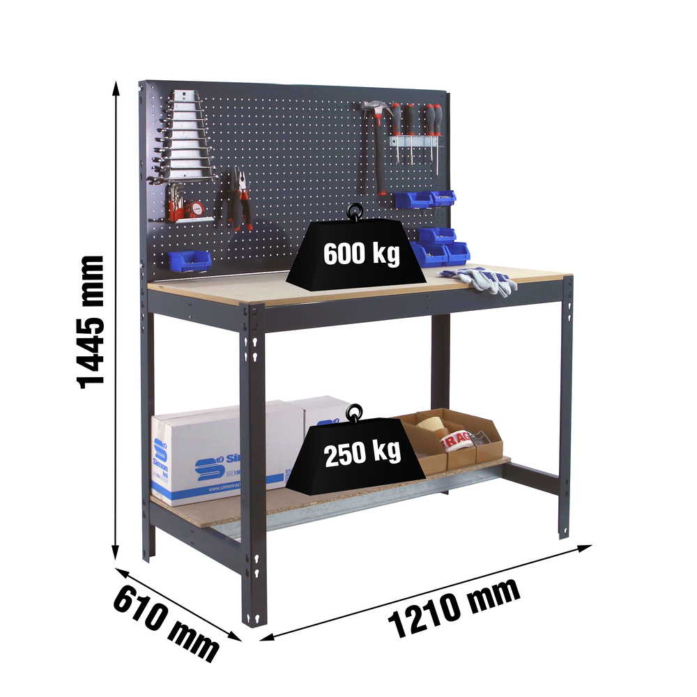 Kit établi Bricolage - 1445x1210x610 - 2 niveaux Anthracite/Bois - SIMON RACK - 8425437138164