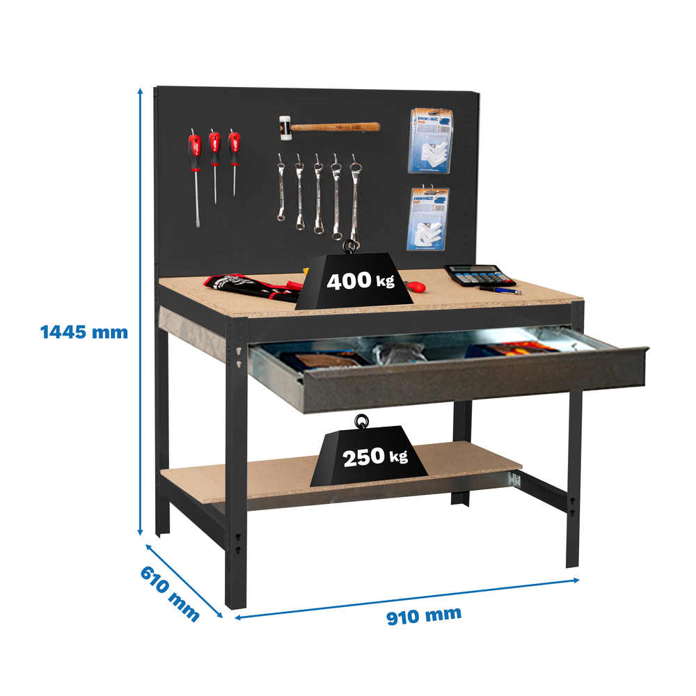 Kit établi Bricolage - 1445x910x610 - 2 niveaux Anthracite/Bois - SIMON RACK - 8425437138188