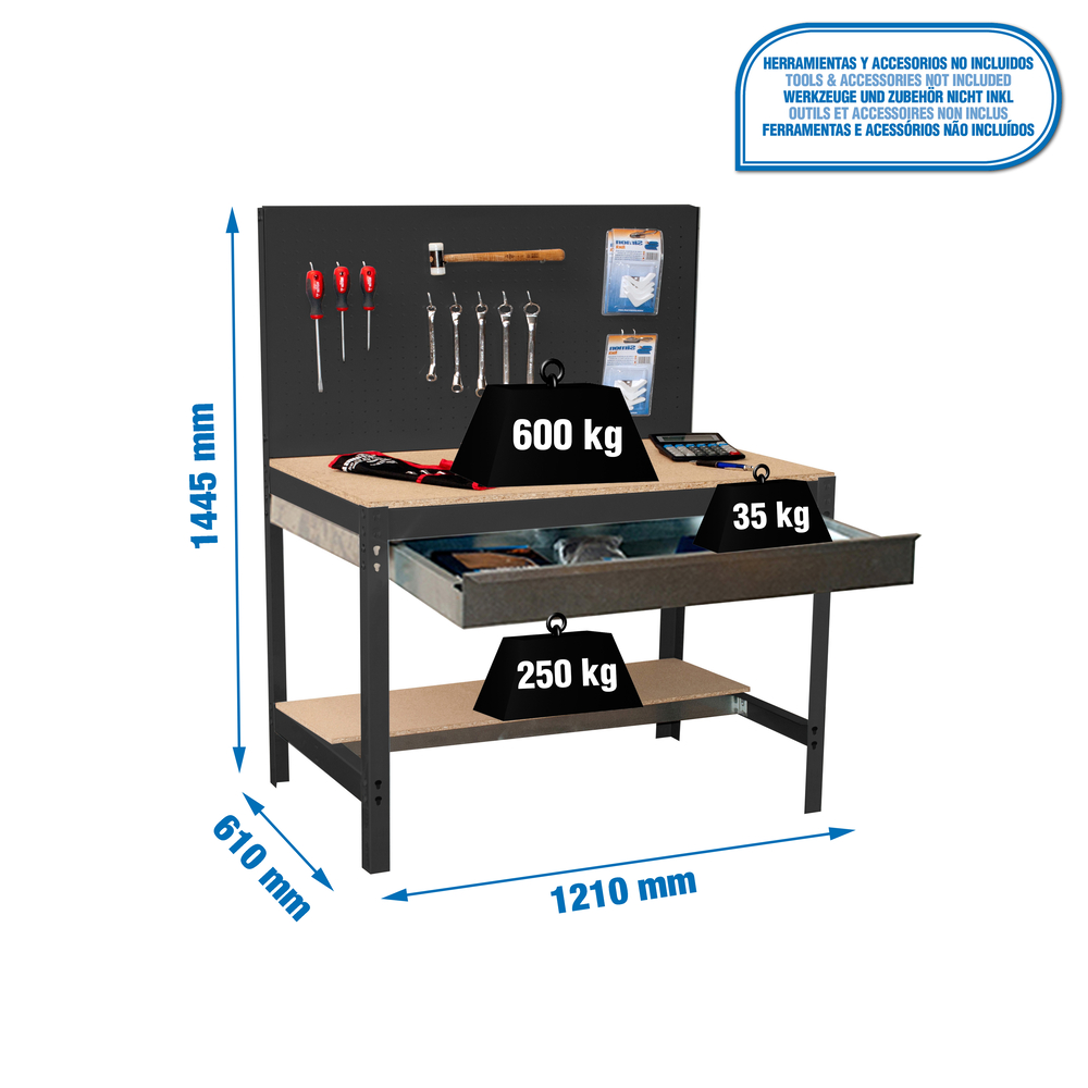 Kit établi Bricolage - 1445x1210x610 - 2 niveaux Anthracite/Bois - SIMON RACK - 8425437138195