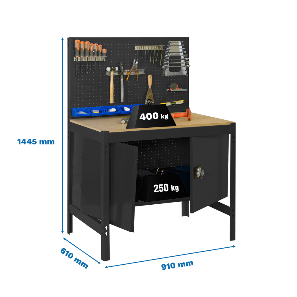 Kit établi Bricolage - 1445x910x610 - 1 niveau Anthracite/Bois - SIMON RACK - 8425437138218