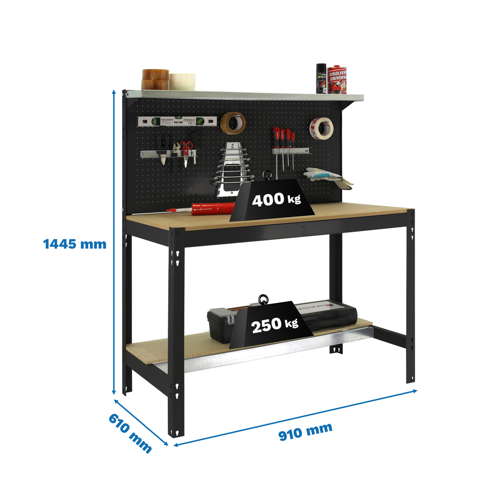 Kit établi Bricolage - 1445x910x610 - 3 niveaux Anthracite/Bois - SIMON RACK - 8425437138232