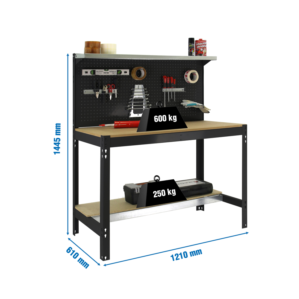 Kit établi Bricolage - 1445x1210x610 - 3 niveaux Anthracite/Bois - SIMON RACK - 8425437138249