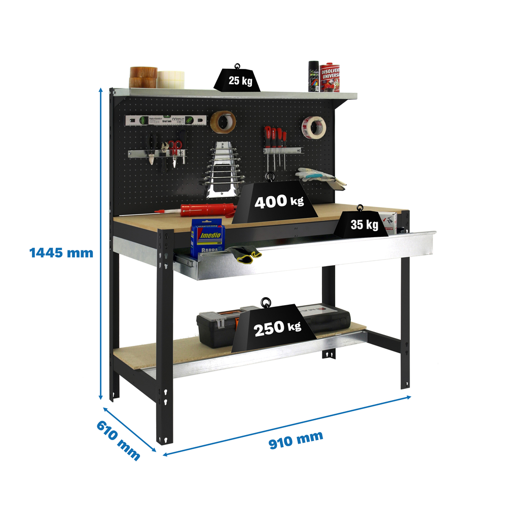 Kit établi Bricolage - 1445x910x610 - 3 niveaux Anthracite/Bois - SIMON RACK - 8425437138263