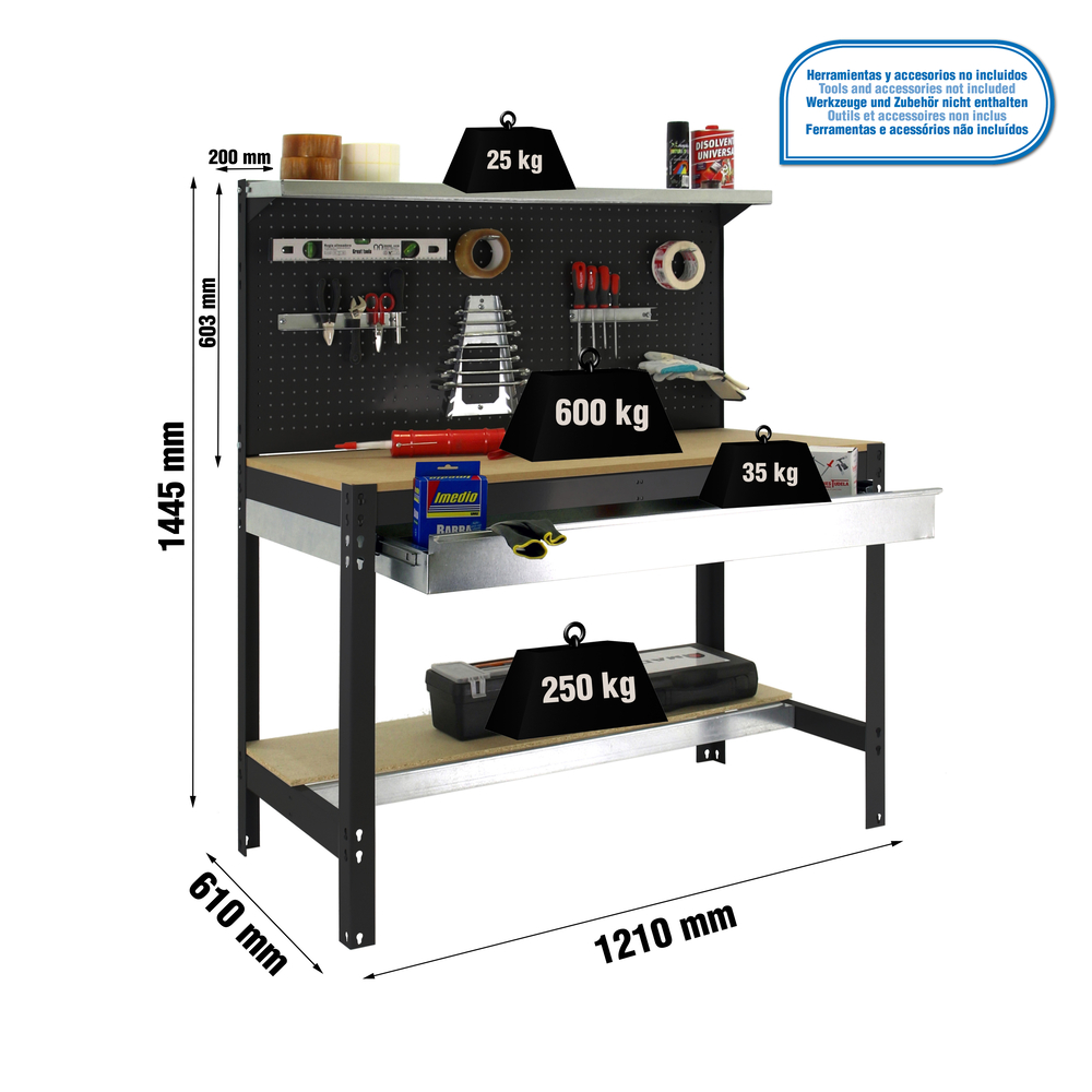 Kit établi Bricolage - 1445x1210x610 - 3 niveaux Anthracite/Bois - SIMON RACK - 8425437138270