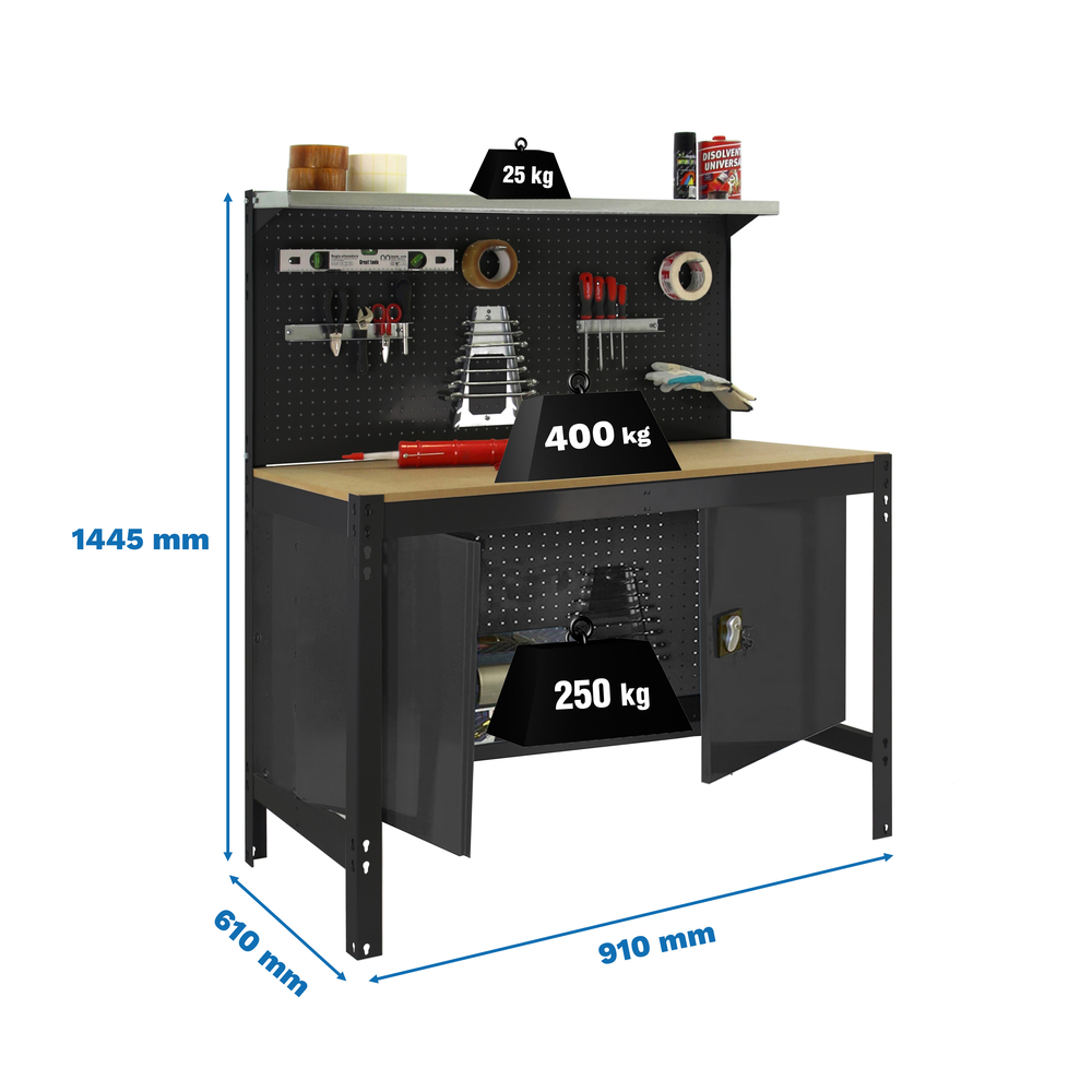 Kit établi Bricolage - 1445x910x610 - 1 niveau Anthracite/Bois - SIMON RACK - 8425437138294