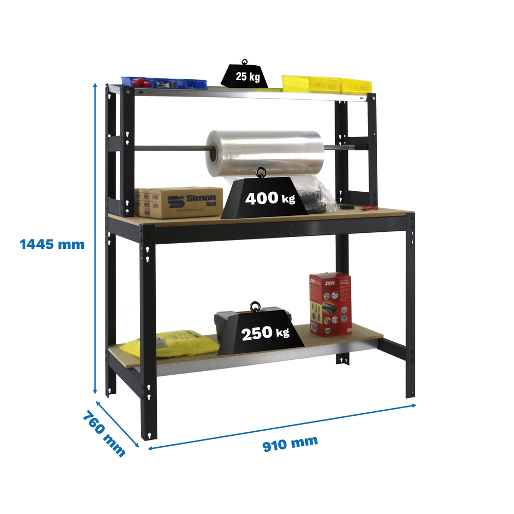 Kit établi Bricolage - 1445x910x760 - 3 niveaux Anthracite/Bois - SIMON RACK - 8425437138317