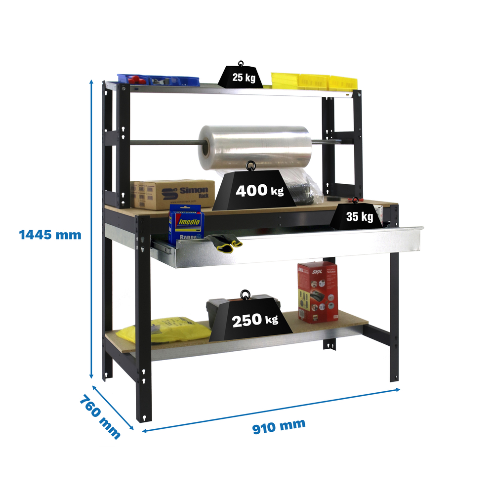 Kit établi Bricolage - 1445x910x760 - 3 niveaux Anthracite/Bois - SIMON RACK - 8425437138348