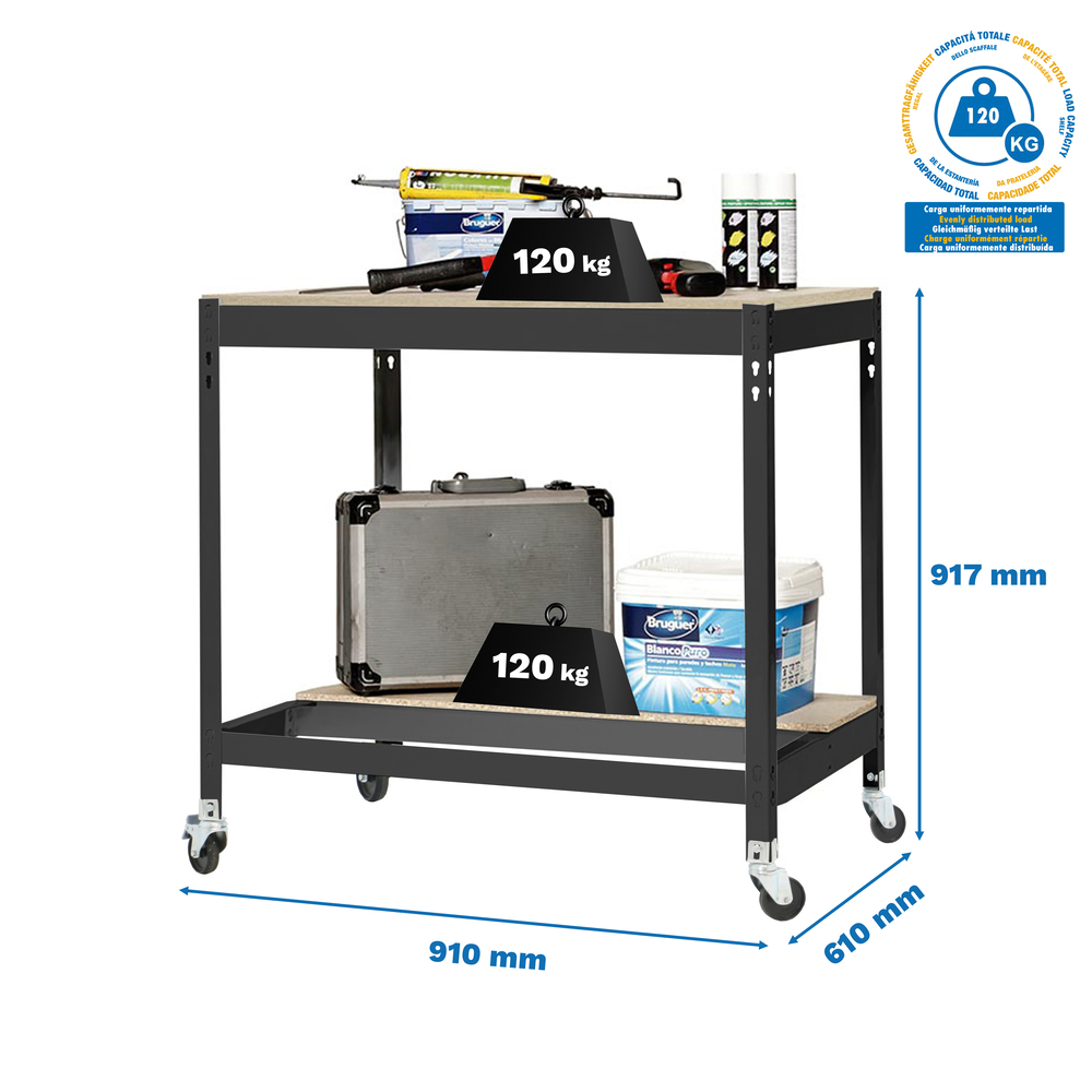 Kit établi mobile Bricolage - 917x910x610 - 2 niveaux Anthracite/Bois - SIMON RACK - 8425437138423