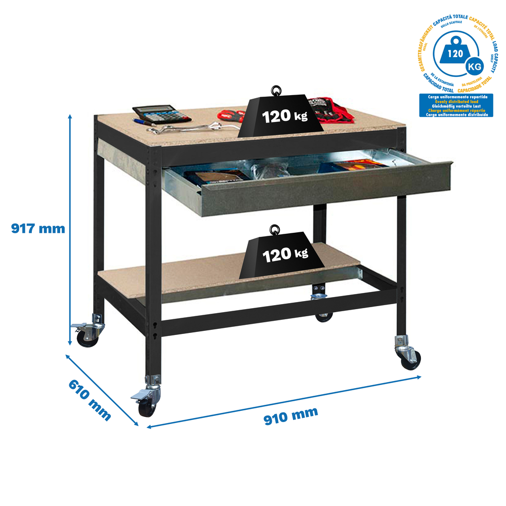 Kit établi mobile Bricolage - 917x910x610 - 2 niveaux Anthracite/Bois - SIMON RACK - 8425437138454