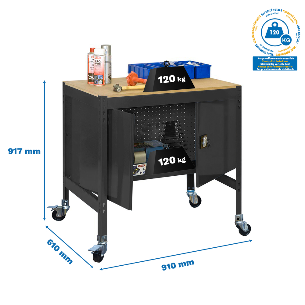 Kit établi mobile Bricolage - 917x910x610 - 1 niveau Anthracite/Bois - SIMON RACK - 8425437138485