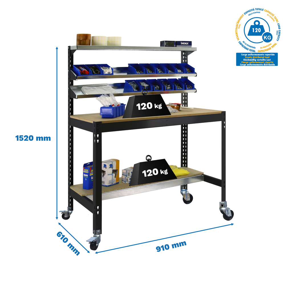 Kit établi mobile Bricolage - 1520x910x610 - 5 niveaux Anthracite/Bois - SIMON RACK - 8425437138508