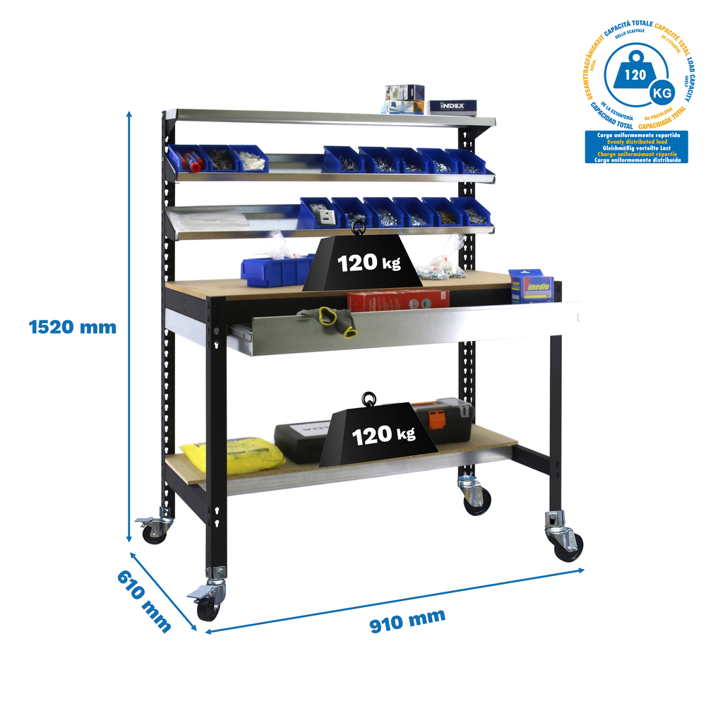 Kit établi mobile Bricolage - 1520x910x610 - 5 niveaux Anthracite/Bois - SIMON RACK - 8425437138539