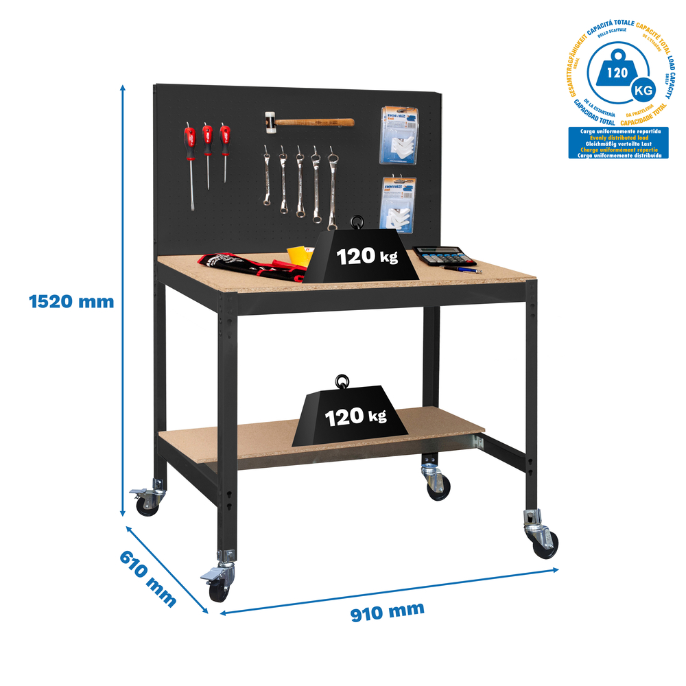 Kit établi mobile Bricolage - 1520x910x610 - 2 niveaux Anthracite/Bois - SIMON RACK - 8425437138560