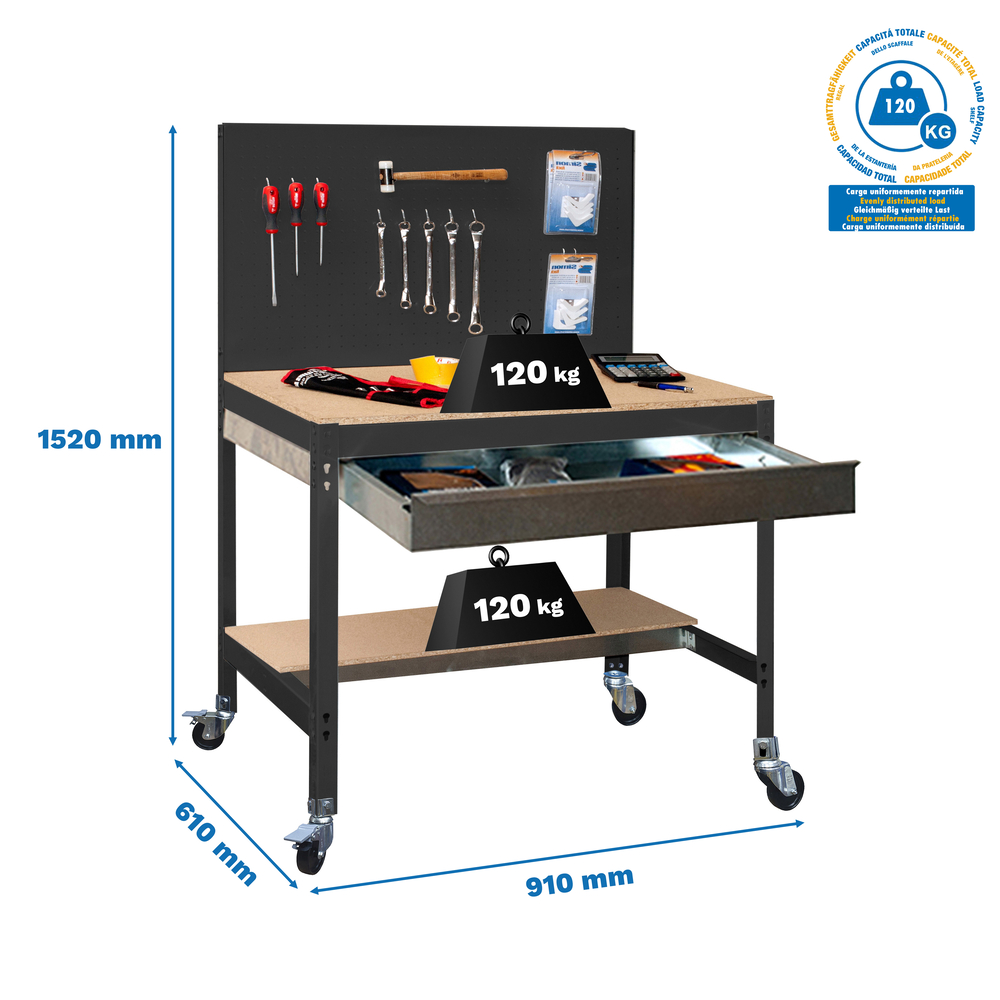 Kit établi mobile Bricolage - 1520x910x610 - 2 niveaux Anthracite/Bois - SIMON RACK - 8425437138591