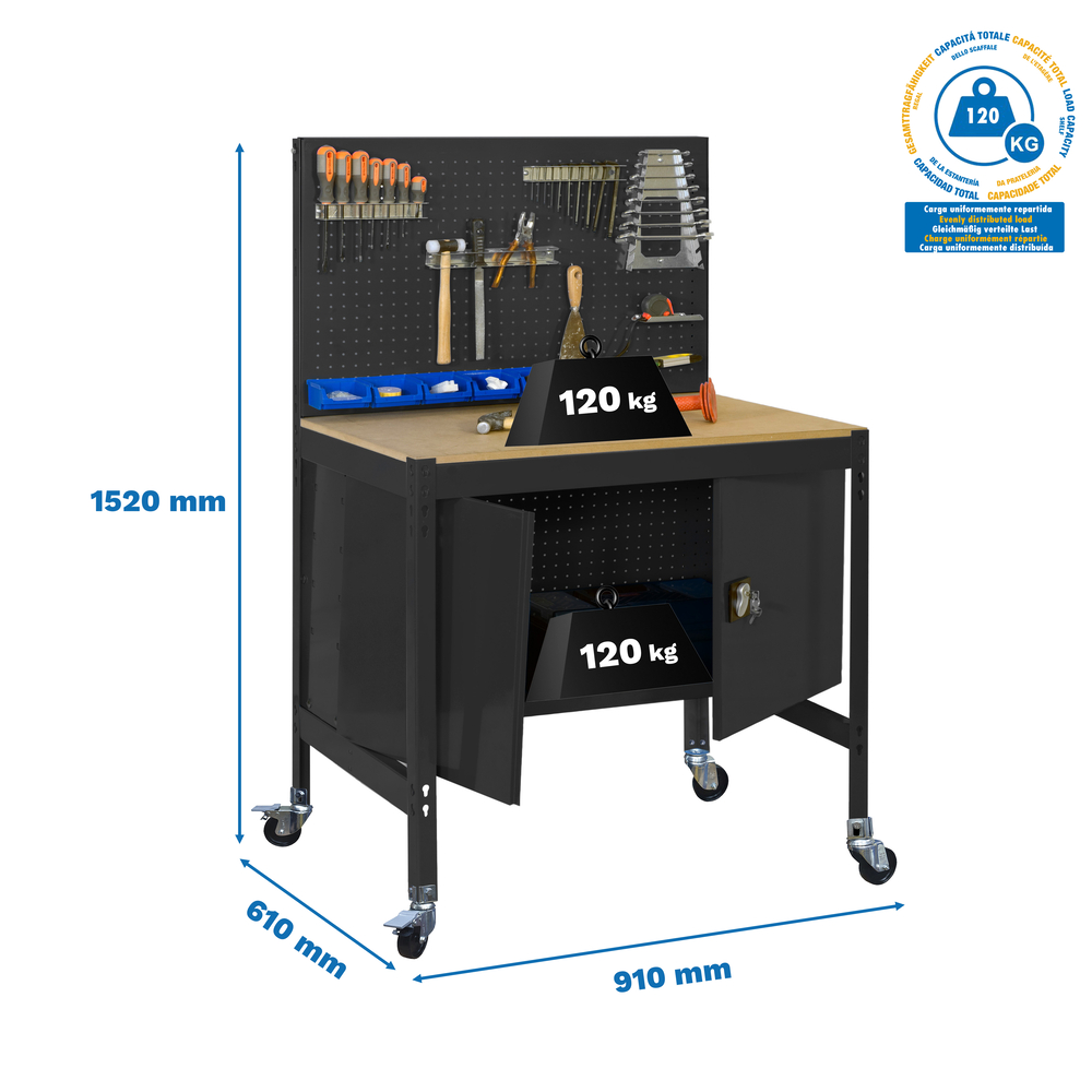 Kit établi mobile Bricolage - 1520x910x610 - 1 niveau Anthracite/Bois - SIMON RACK - 8425437138621