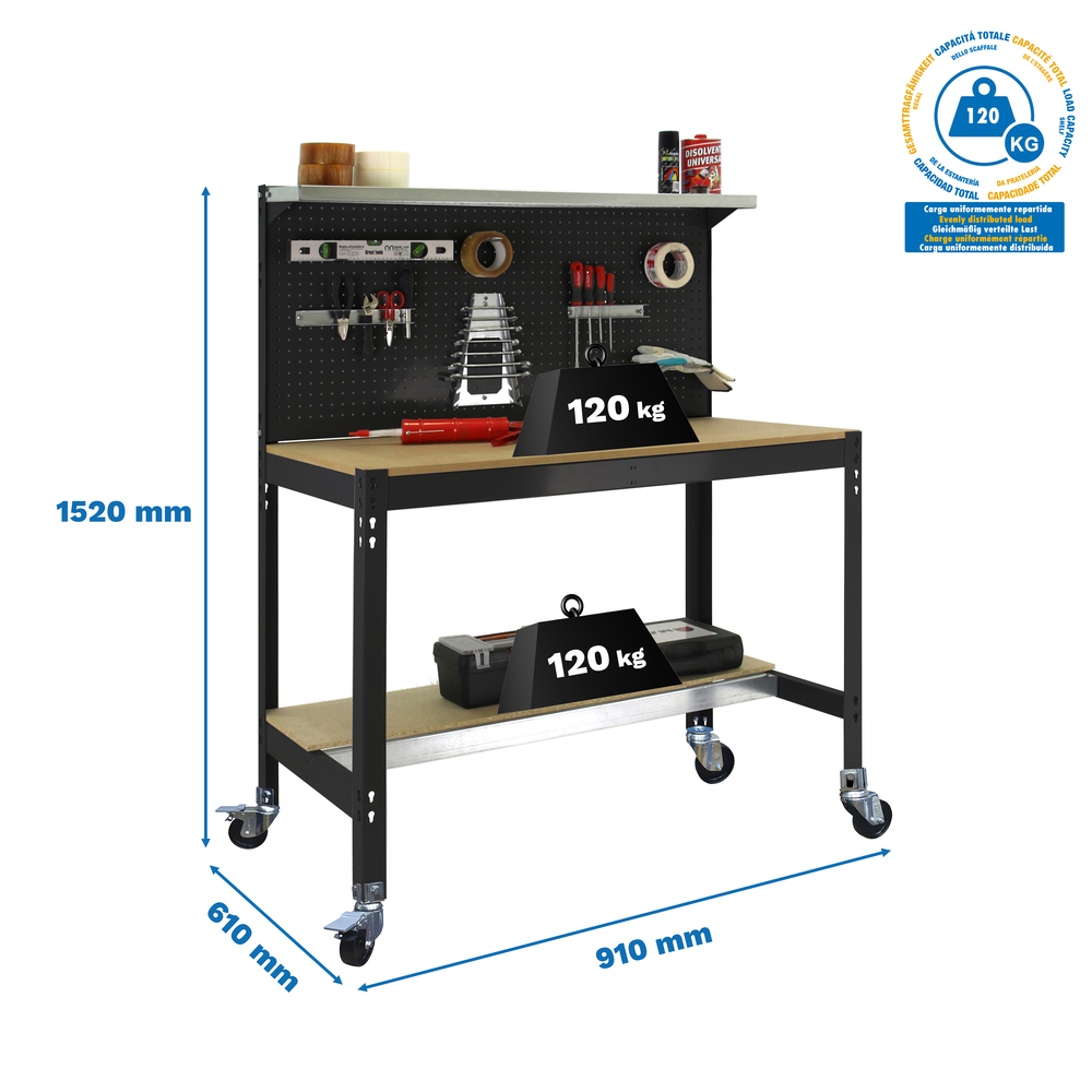Kit établi mobile Bricolage - 1520x910x610 - 3 niveaux Anthracite/Bois - SIMON RACK - 8425437138645