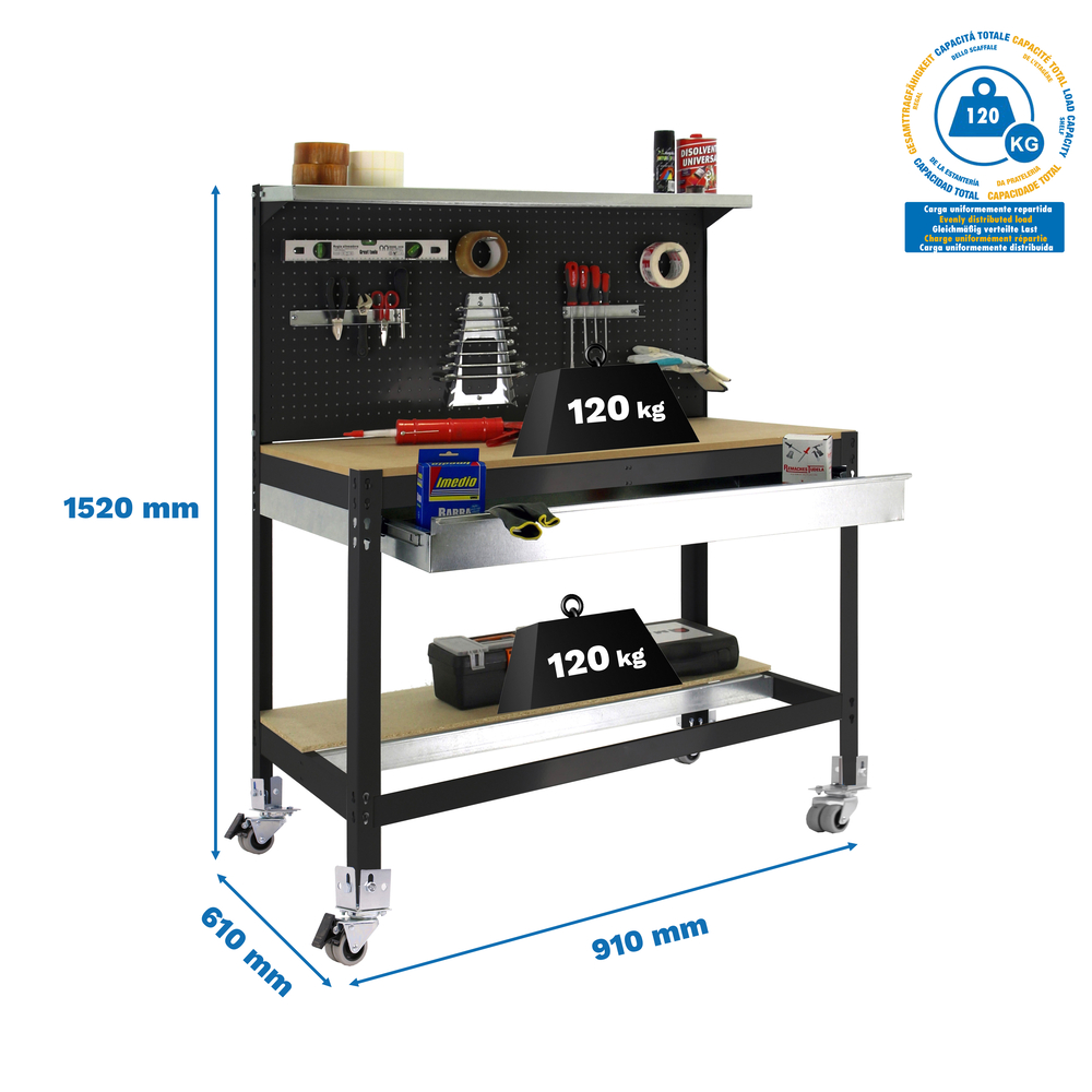 Kit établi mobile Bricolage - 1520x910x610 - 3 niveaux Anthracite/Bois - SIMON RACK - 8425437138676