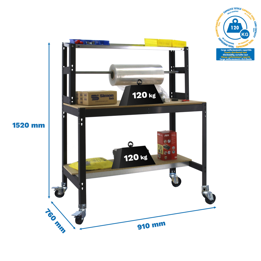 Kit établi mobile Bricolage - 1520x910x760 - 3 niveaux Anthracite/Bois - SIMON RACK - 8425437138706