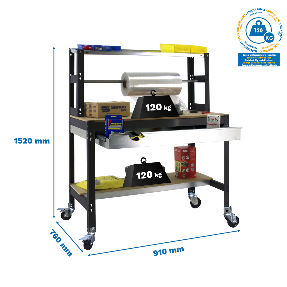 Kit établi mobile Bricolage - 1520x910x760 - 3 niveaux Anthracite/Bois - SIMON RACK - 8425437138737