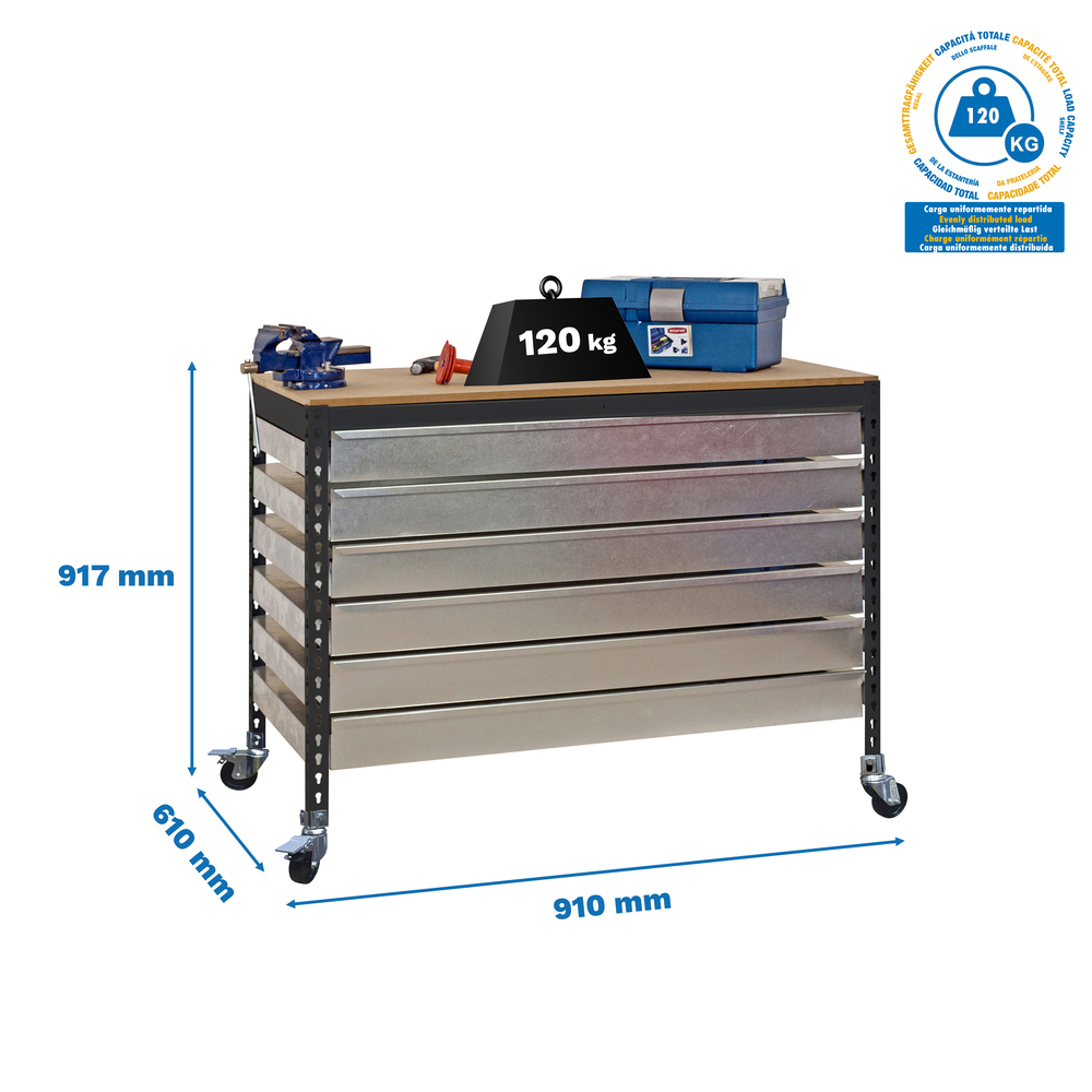 Kit établi mobile Bricolage - 917x910x610 - 1 niveau Anthracite/Bois - SIMON RACK - 8425437138768