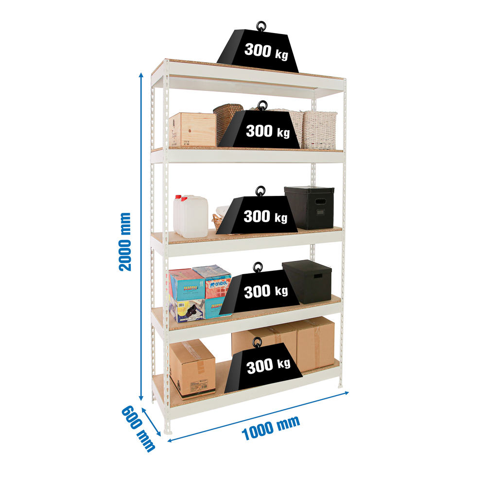 Étagère charge moyenne 300 kg 2000x1000x600 - 5 niveaux Blanc/Bois - SIMON RACK - 8425437150104