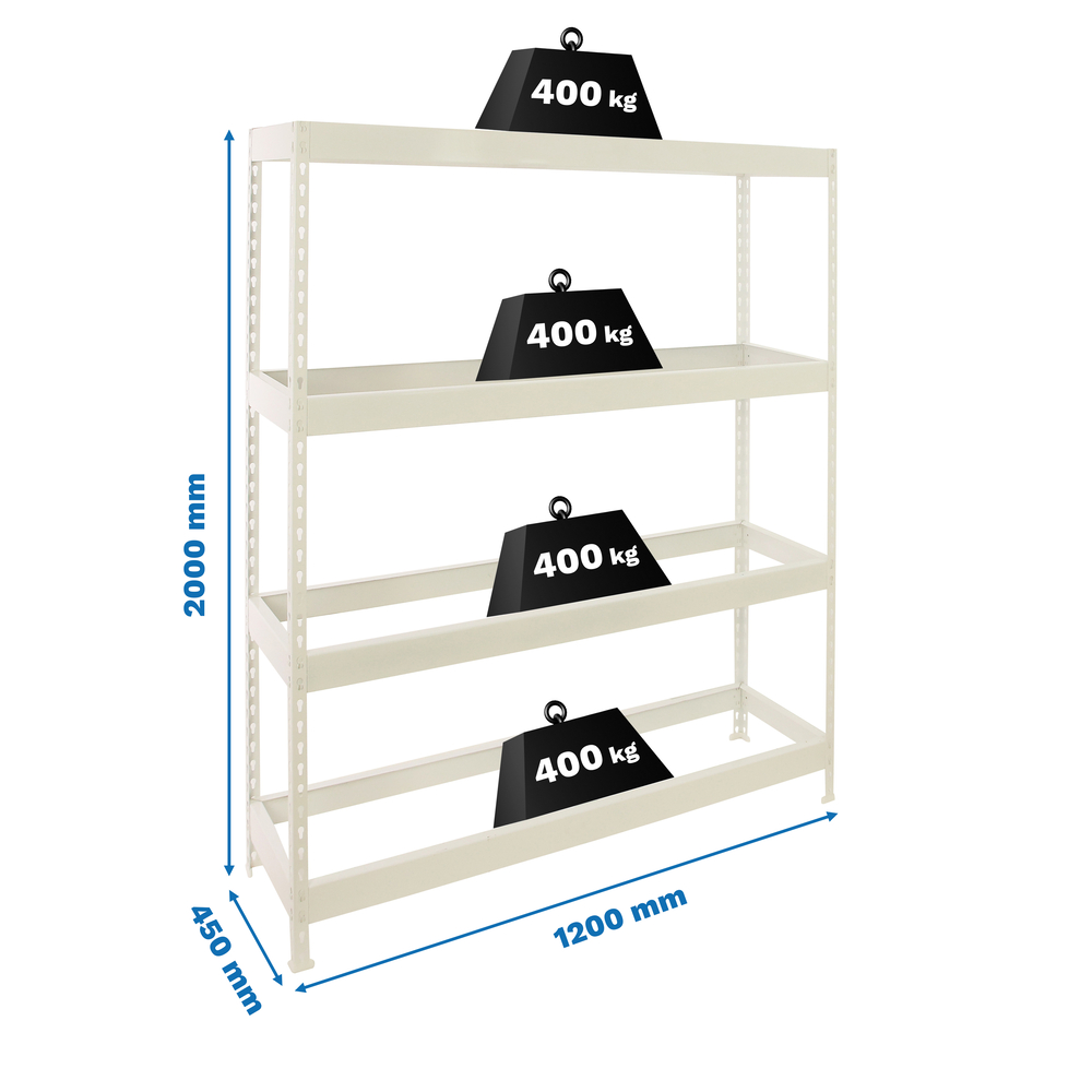 Étagère charge moyenne 400kg - 2000x1200x450 - 4 niveaux Blanc - SIMON RACK - 8425437150241