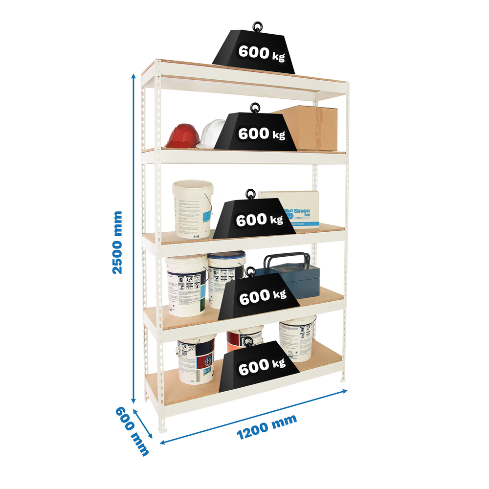 Étagère charge moyenne 500 à 600kg - 2500x1200x600 - 5 niveaux Blanc/Bois - SIMON RACK - 8425437151897