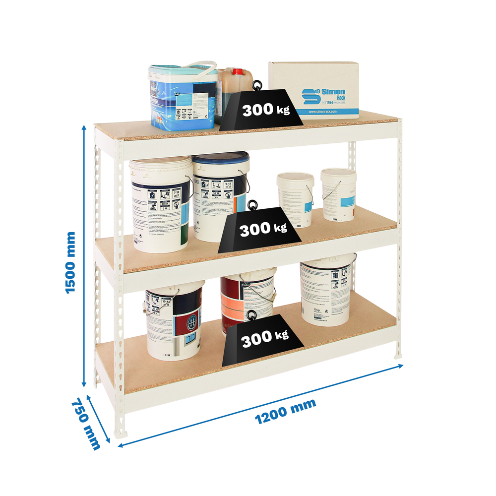 Étagère charge moyenne 500 à 600kg - 1500x1200x750 - 3 niveaux Blanc/Bois - SIMON RACK - 8425437151934