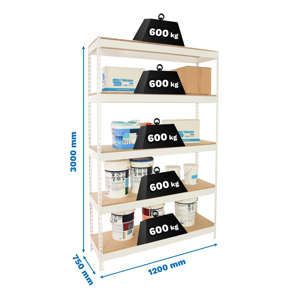 Étagère charge moyenne 500 à 600kg - 3000x1200x750 - 5 niveaux Blanc/Bois - SIMON RACK - 8425437151965