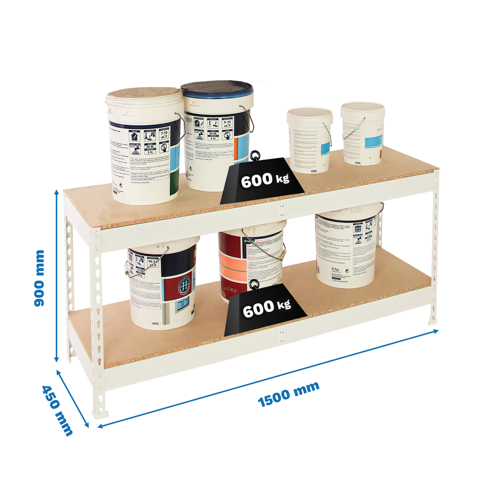Étagère charge moyenne 500 à 600kg - 900x1500x450 - 2 niveaux Blanc/Bois - SIMON RACK - 8425437151972